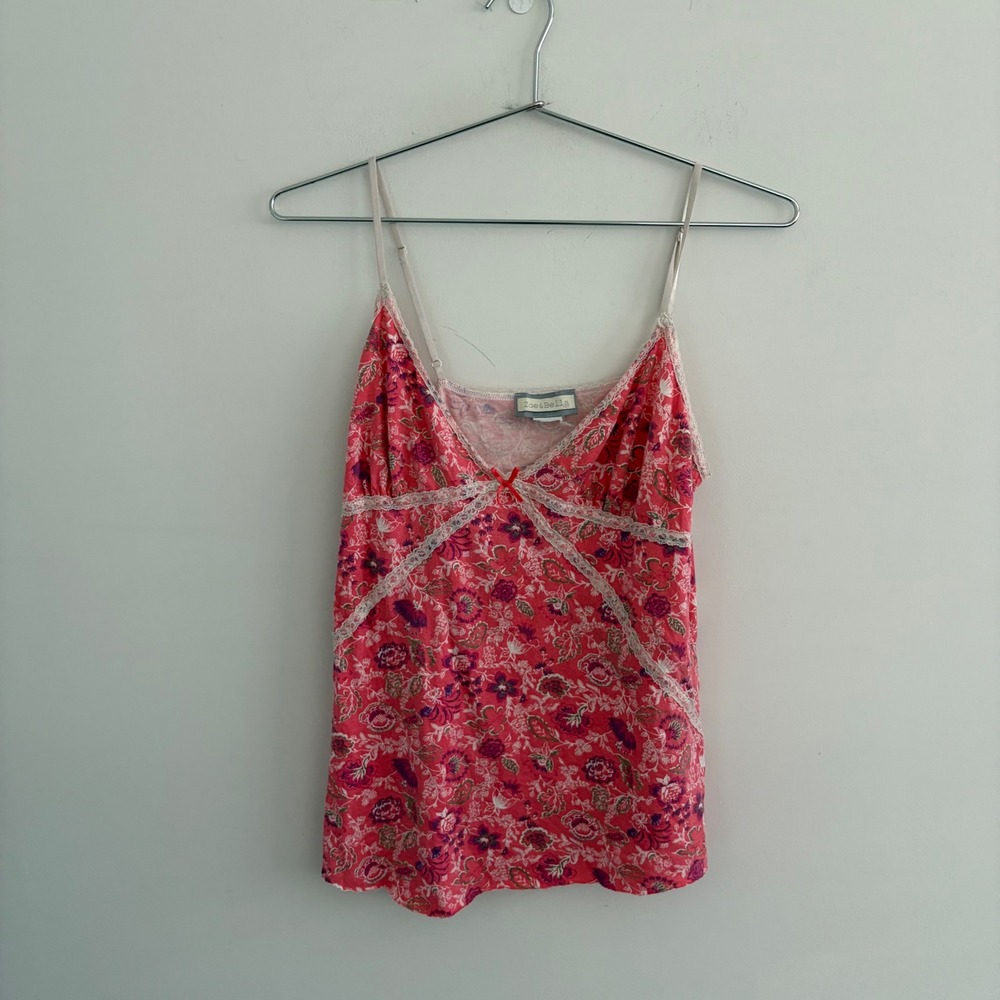 Zoe & Bella Pink Floral Lace Trim Cami Tank Top Y2K
